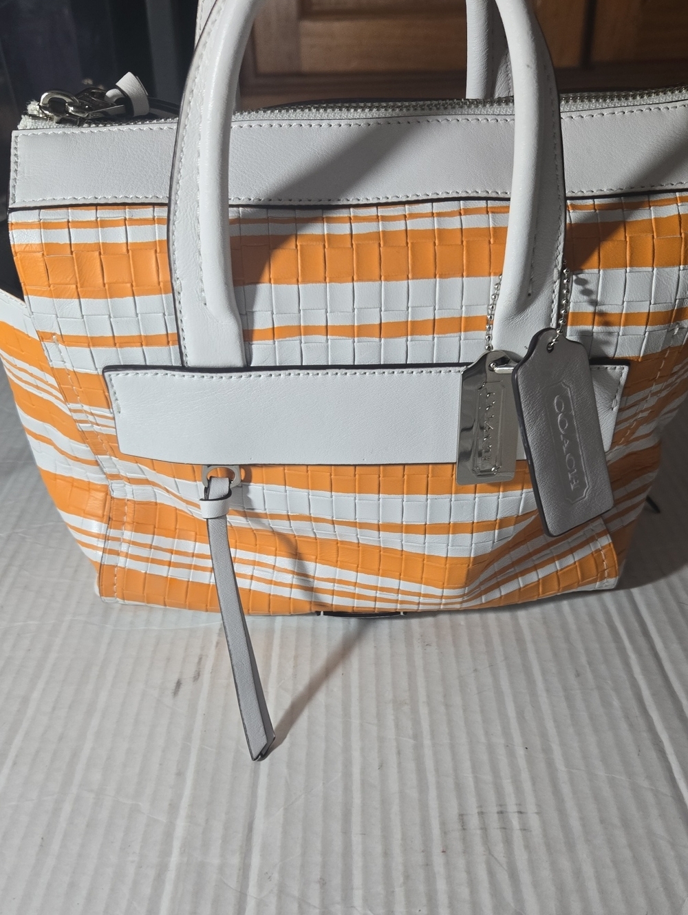 Coach White & Orange Plaid Mini Tote with Silver Hardware